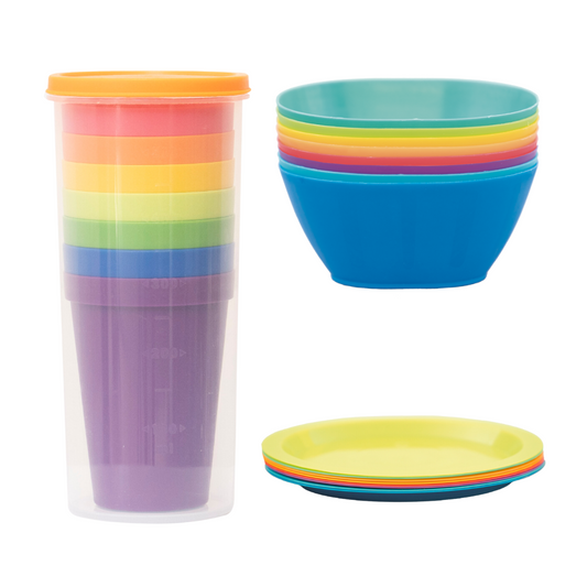 Set de 8 vasos, platos hondos y platos planos